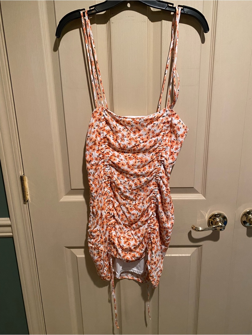 Garage White Orange Floral Ruched Smocked Bodycon Square Neck Dress P/S
